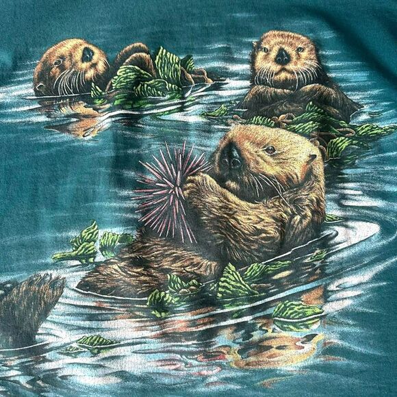 Vtg 1994 Otters Habitat Graphic Wraparound Teal Shirt Men's Large Single Stitch - Picture 3 of 7